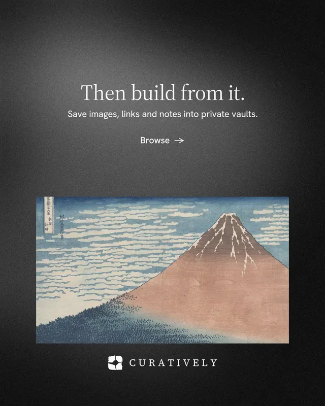 Instagram portrait post for Curatively: "Then build from it." Minimal luxury style, centred layout, dark palette in black, grey.