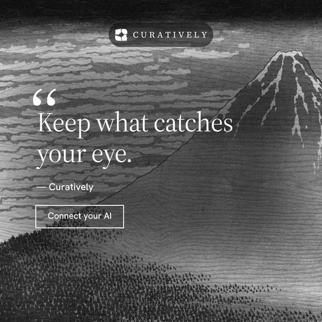 Instagram post for Curatively: "Save it from anywhere." Editorial style, quote layout, dark palette in grey, black.