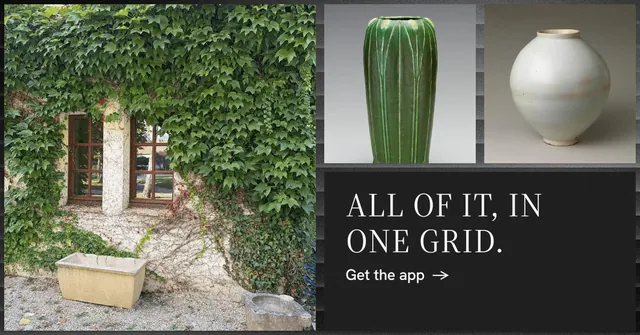 Social ad for Curatively: "All of it, in one grid." Minimal luxury style, collage layout, dark palette in grey, black.