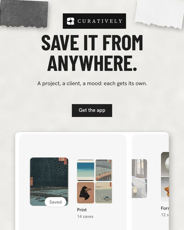Instagram portrait post for Curatively: "Save it from anywhere." Retro print style, centred layout, light palette in white, grey.