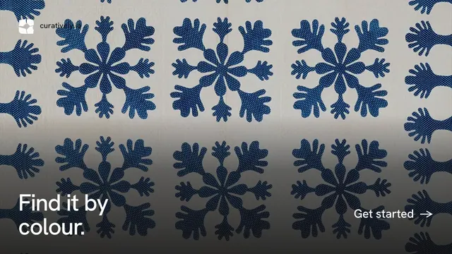 Landscape graphic for Curatively: "Find it by colour." Minimal luxury style, image led layout, dark palette in grey, blue.