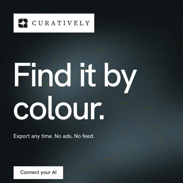 Instagram post for Curatively: "Find it by colour." Swiss style, announce layout, dark palette in black, grey.