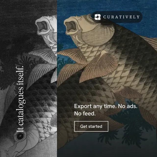 Instagram post for Curatively: "It catalogues itself." Editorial style, vertical layout, dark palette in black, grey.