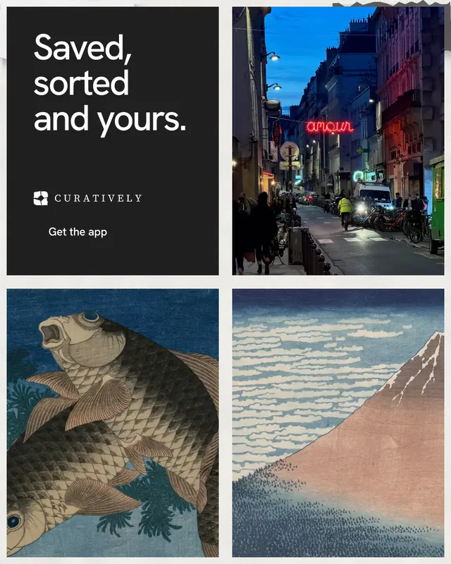Instagram portrait post for Curatively: "Saved, sorted and yours." Swiss style, collage layout, dark palette in black, grey, blue.