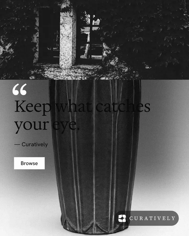 Instagram portrait post for Curatively: "Keep what catches your eye." Swiss style, quote layout, dark palette in black, grey, white.