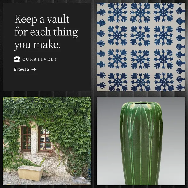 Instagram post for Curatively: "Keep a vault for each thing you make." Minimal luxury style, collage layout, dark palette in grey, black.