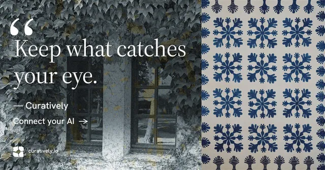 Social ad for Curatively: "Keep what catches your eye." Minimal luxury style, quote layout, dark palette in grey, black.