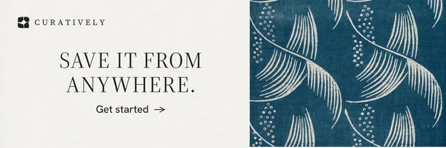X header for Curatively: "Save it from anywhere." Minimal luxury style, skeleton layout, light palette in white, blue, grey.