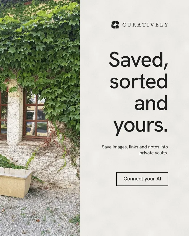 Instagram portrait post for Curatively: "Saved, sorted and yours." Editorial style, right layout, light palette in green, grey, white.
