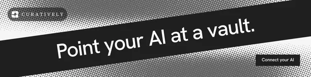 LinkedIn banner for Curatively: "Point your AI at a vault." Swiss style, diagonal layout, dark palette in black, grey.