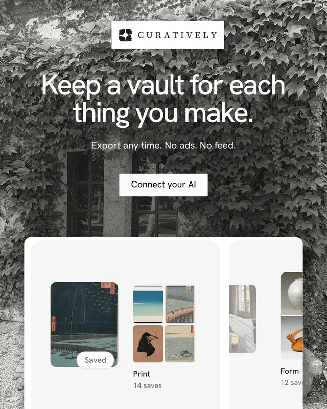 Instagram portrait post for Curatively: "Keep a vault for each thing you make." Swiss style, centred layout, light palette in white, black, grey.