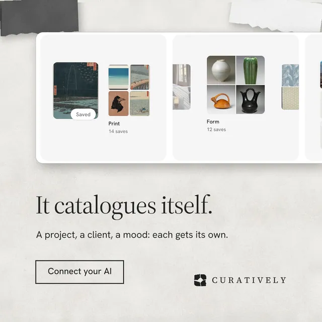 Instagram post for Curatively: "It catalogues itself." Editorial style, bottom layout, light palette in white, grey.