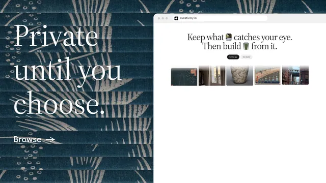 Landscape graphic for Curatively: "Private until you choose." Minimal luxury style, browser layout, light palette in white, blue, grey.