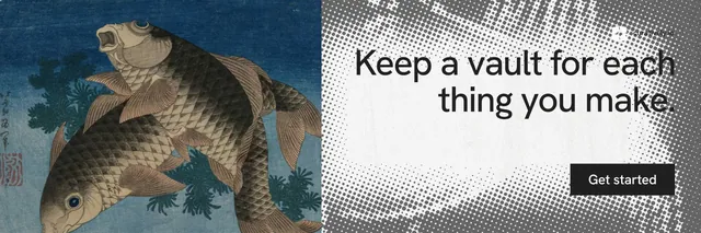 X header for Curatively: "Keep a vault for each thing you make." Swiss style, right layout, light palette in grey, blue, white.