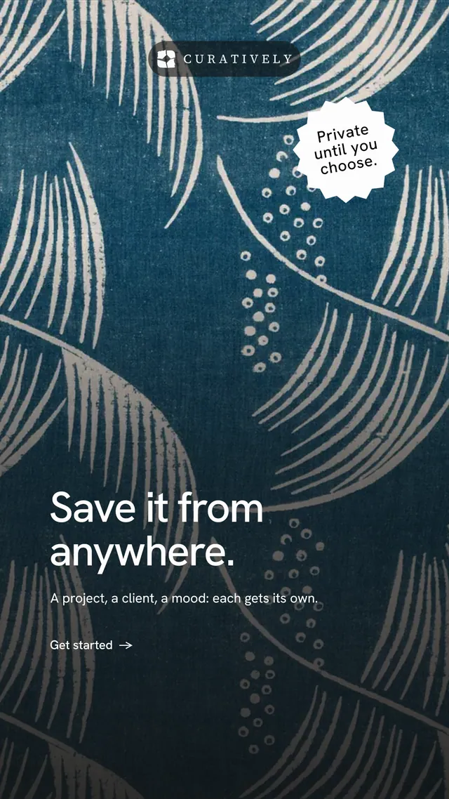 Instagram story for Curatively: "Save it from anywhere." Minimal luxury style, sticker layout, dark palette in blue, black, grey.