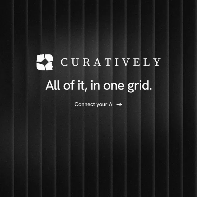 Instagram post for Curatively: "All of it, in one grid." Minimal luxury style, logo hero layout, dark palette in black, grey.