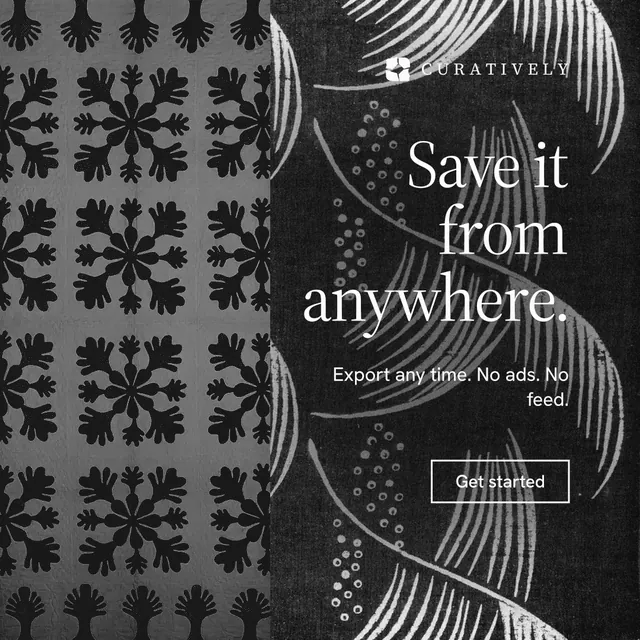 Instagram post for Curatively: "Save it from anywhere." Editorial style, right layout, dark palette in black, grey.