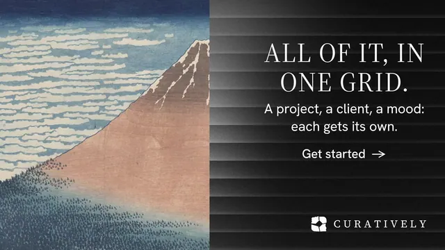 Landscape graphic for Curatively: "All of it, in one grid." Minimal luxury style, skeleton layout, dark palette in grey, black.