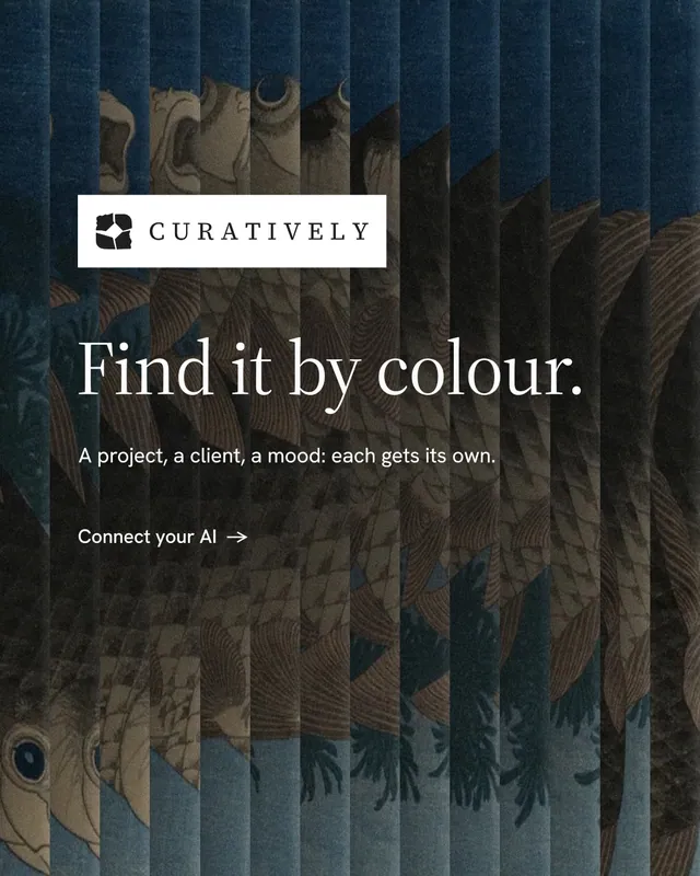 Instagram portrait post for Curatively: "Find it by colour." Minimal luxury style, announce layout, dark palette in black, blue, grey.