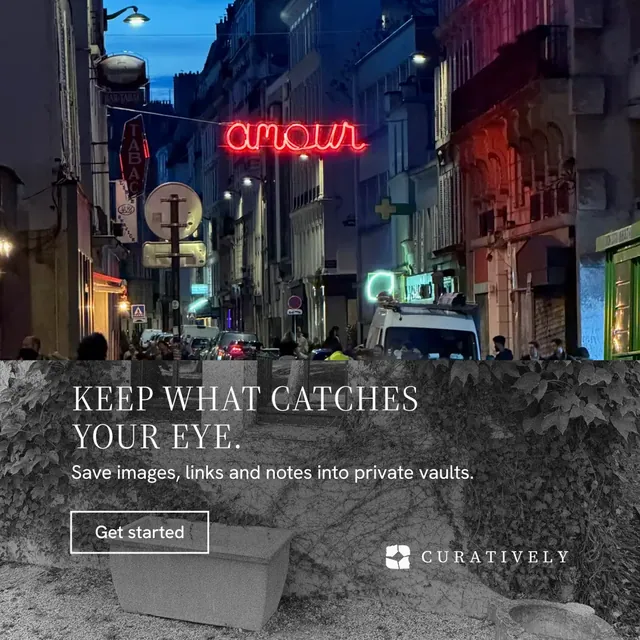Instagram post for Curatively: "Keep what catches your eye." Editorial style, bottom layout, dark palette in black, blue, grey.