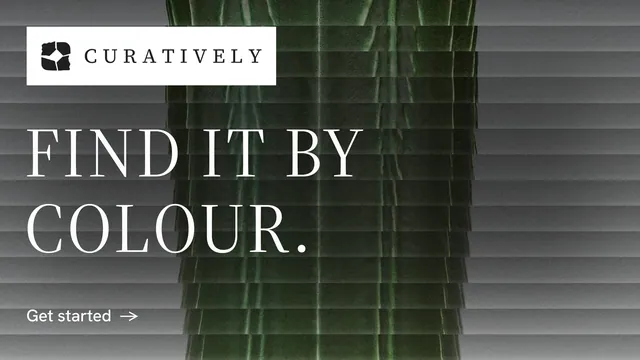 Landscape graphic for Curatively: "Find it by colour." Minimal luxury style, announce layout, dark palette in black, grey.