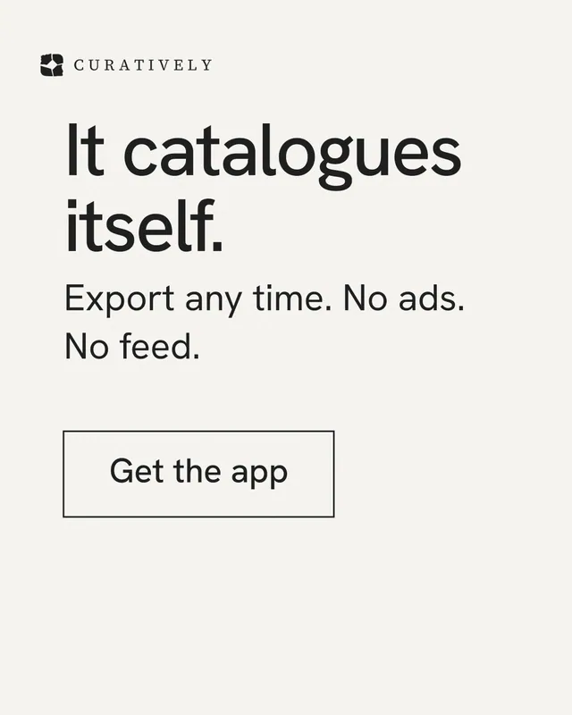 Instagram portrait post for Curatively: "It catalogues itself." Editorial style, skeleton layout, light palette in white, grey.