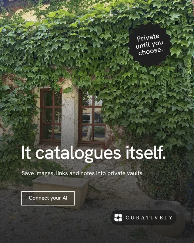 Instagram portrait post for Curatively: "It catalogues itself." Editorial style, sticker layout, dark palette in black, grey.