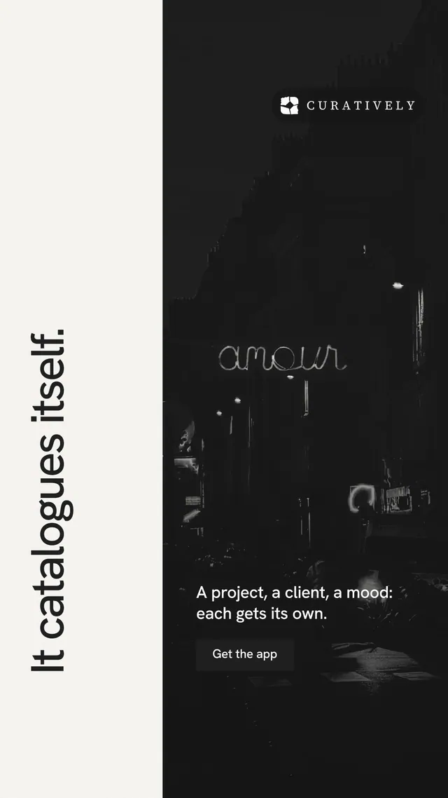 Instagram story for Curatively: "It catalogues itself." Swiss style, vertical layout, dark palette in black, white, grey.
