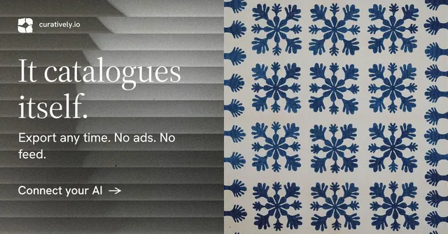 Social ad for Curatively: "It catalogues itself." Minimal luxury style, bottom layout, light palette in grey.