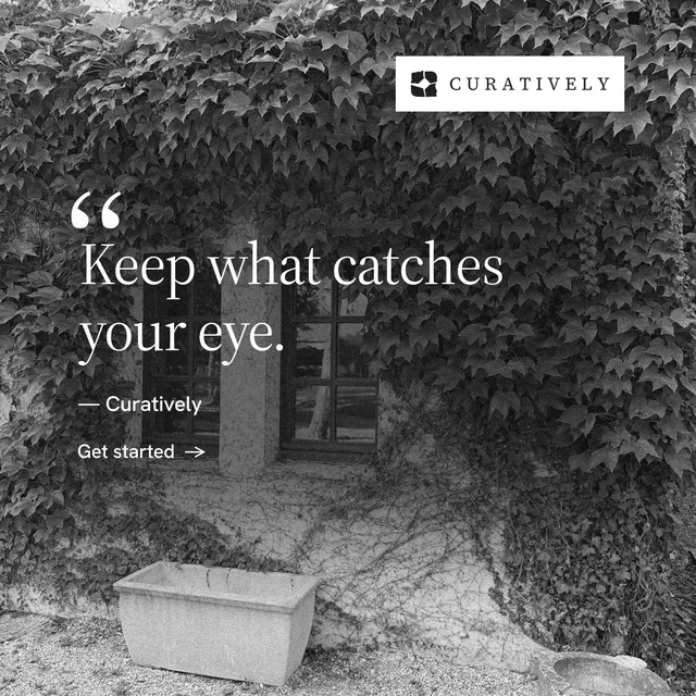 Instagram post for Curatively: "Save it from anywhere." Minimal luxury style, quote layout, dark palette in grey, black.