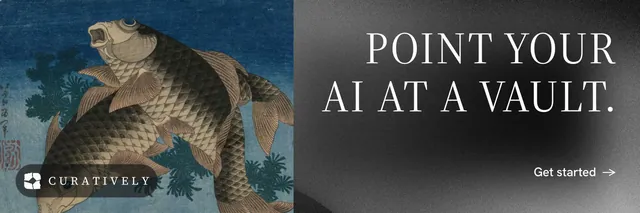 X header for Curatively: "Point your AI at a vault." Minimal luxury style, right layout, dark palette in blue, black, grey.