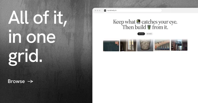 Social ad for Curatively: "All of it, in one grid." Minimal luxury style, browser layout, light palette in white, black, grey.