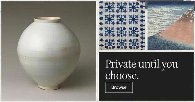 Social ad for Curatively: "Private until you choose." Editorial style, collage layout, light palette in grey, black, white.