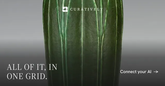 Social ad for Curatively: "All of it, in one grid." Minimal luxury style, image led layout, dark palette in grey, black.