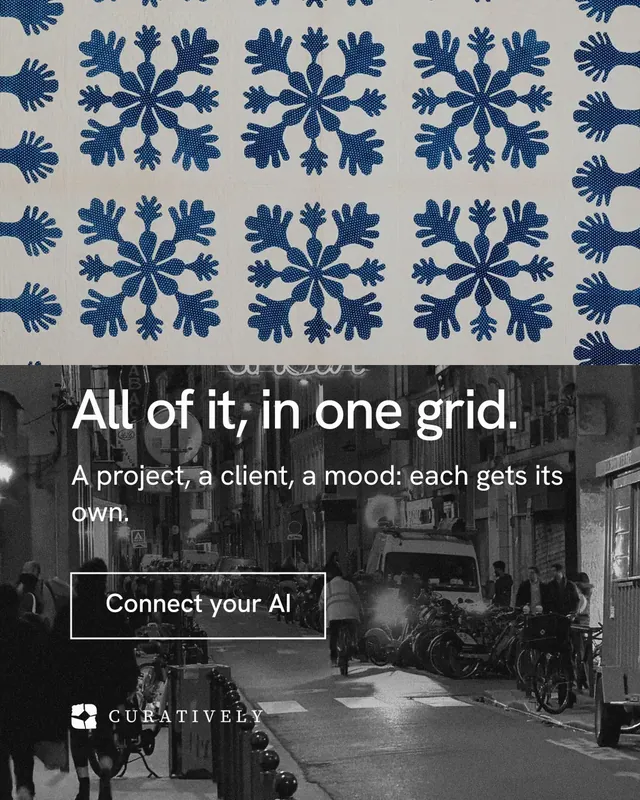 Instagram portrait post for Curatively: "All of it, in one grid." Editorial style, skeleton layout, dark palette in grey, black.