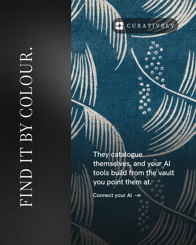 Instagram portrait post for Curatively: "Find it by colour." Minimal luxury style, vertical layout, dark palette in blue, black, grey.