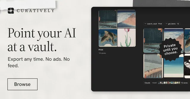 Social ad for Curatively: "Point your AI at a vault." Editorial style, sticker layout, light palette in black, white, grey.