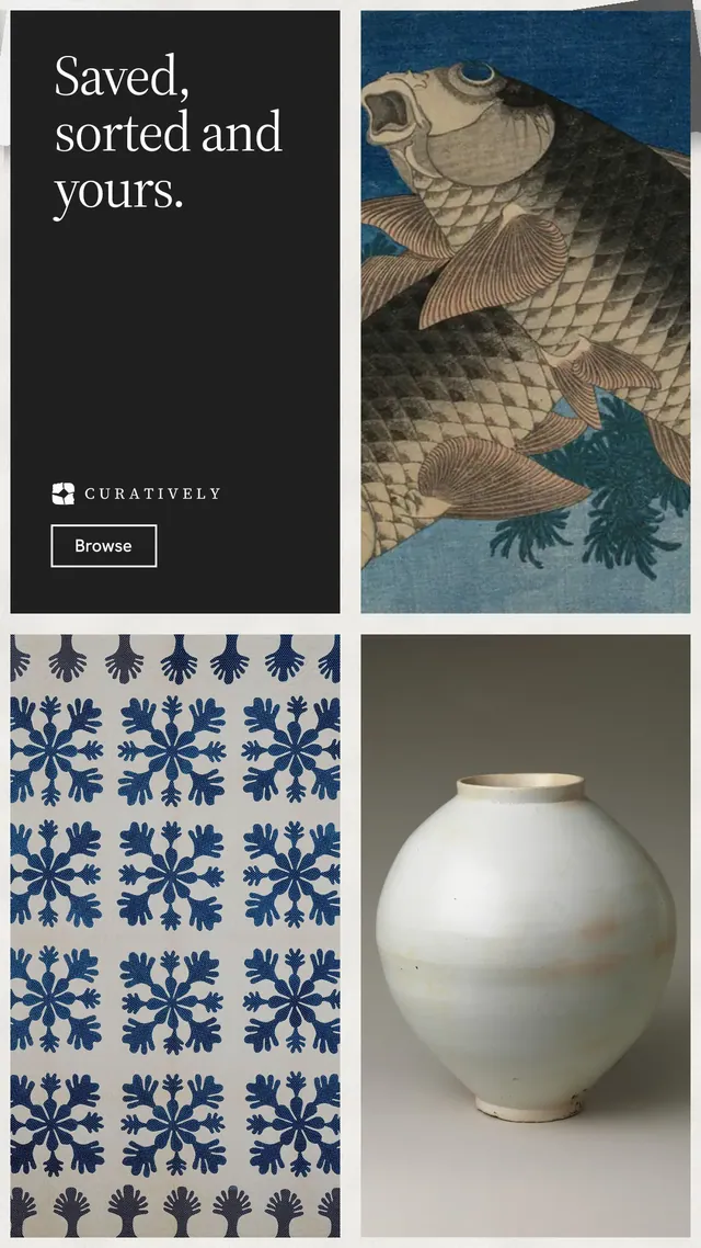 Instagram story for Curatively: "Saved, sorted and yours." Editorial style, collage layout, light palette in black, grey, white.