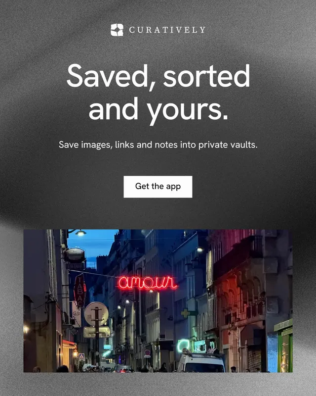 Instagram portrait post for Curatively: "Saved, sorted and yours." Swiss style, centred layout, dark palette in black, grey.