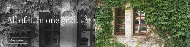 LinkedIn banner for Curatively: "All of it, in one grid." Editorial style, bottom layout, dark palette in grey, black.