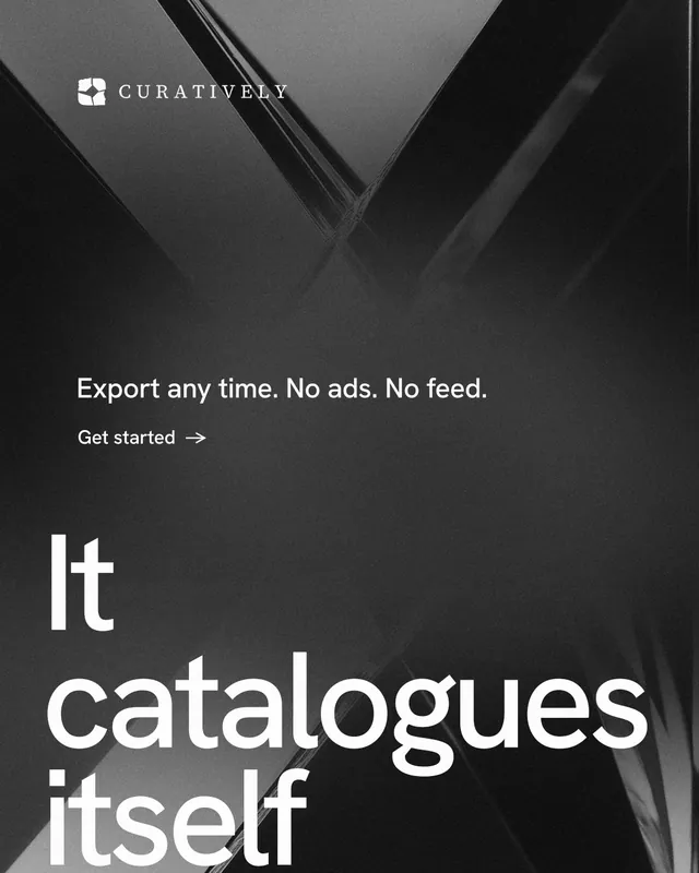 Instagram portrait post for Curatively: "Save it from anywhere." Minimal luxury style, oversized layout, dark palette in black, grey.