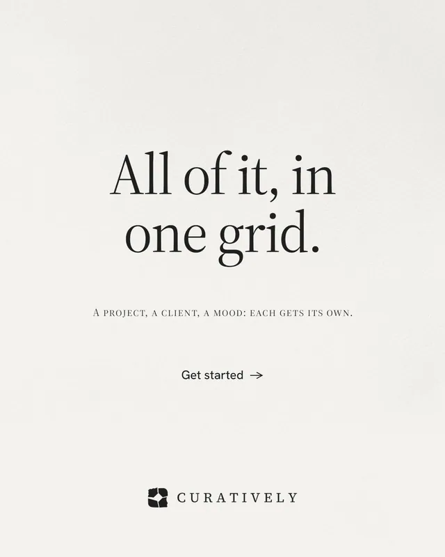 Instagram portrait post for Curatively: "All of it, in one grid." Editorial style, smallcaps layout, light palette in white.