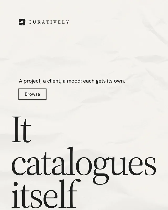 Instagram portrait post for Curatively: "Save it from anywhere." Editorial style, oversized layout, light palette in white, grey.