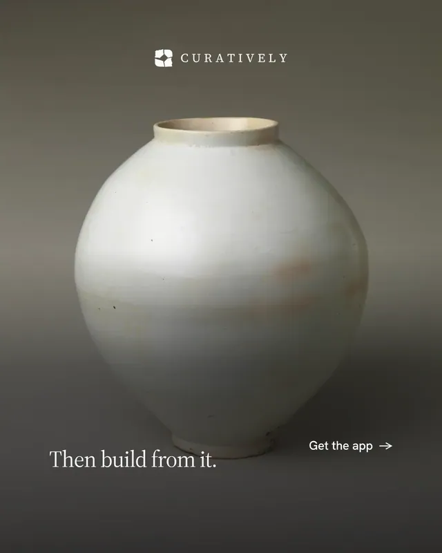 Instagram portrait post for Curatively: "Then build from it." Editorial style, image led layout, dark palette in grey, black.