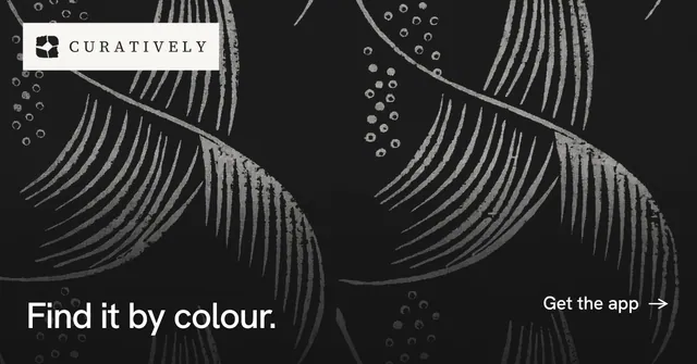 Social ad for Curatively: "Find it by colour." Swiss style, image led layout, dark palette in black, grey.