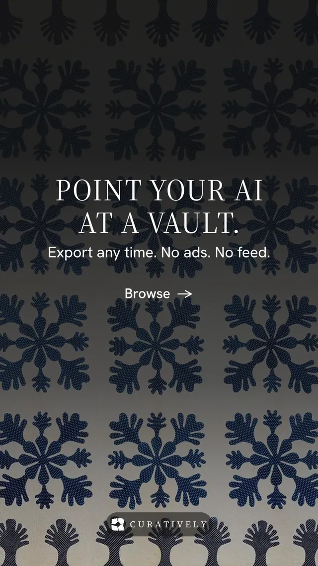 Instagram story for Curatively: "Point your AI at a vault." Minimal luxury style, skeleton layout, dark palette in black, grey.