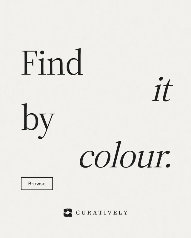 Instagram portrait post for Curatively: "Find it by colour." Editorial style, stacked layout, light palette in white, grey.