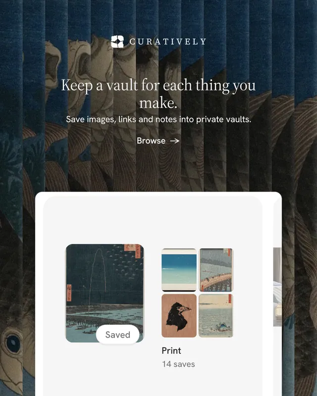 Instagram portrait post for Curatively: "Keep a vault for each thing you make." Minimal luxury style, centred layout, light palette in white, black, blue.