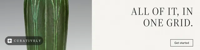 LinkedIn banner for Curatively: "All of it, in one grid." Editorial style, right layout, light palette in white, grey.