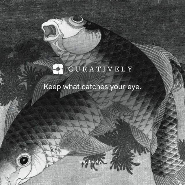 Instagram post for Curatively: "Keep what catches your eye." Editorial style, end card layout, dark palette in grey, black.